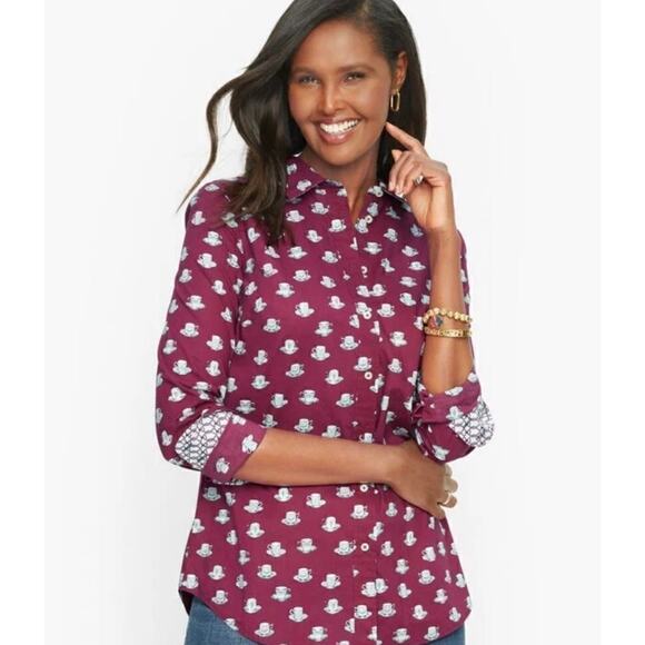 Talbots Tops - Talbots Tea Time Button Up Shirt Size Medium Petite Coffee Cup Mug Burgundy